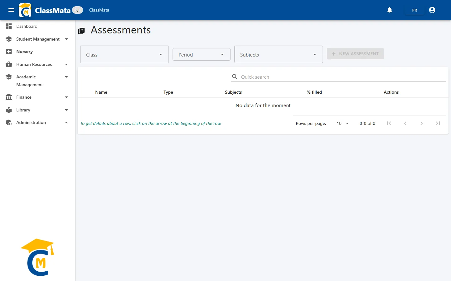 Assessments page on opening