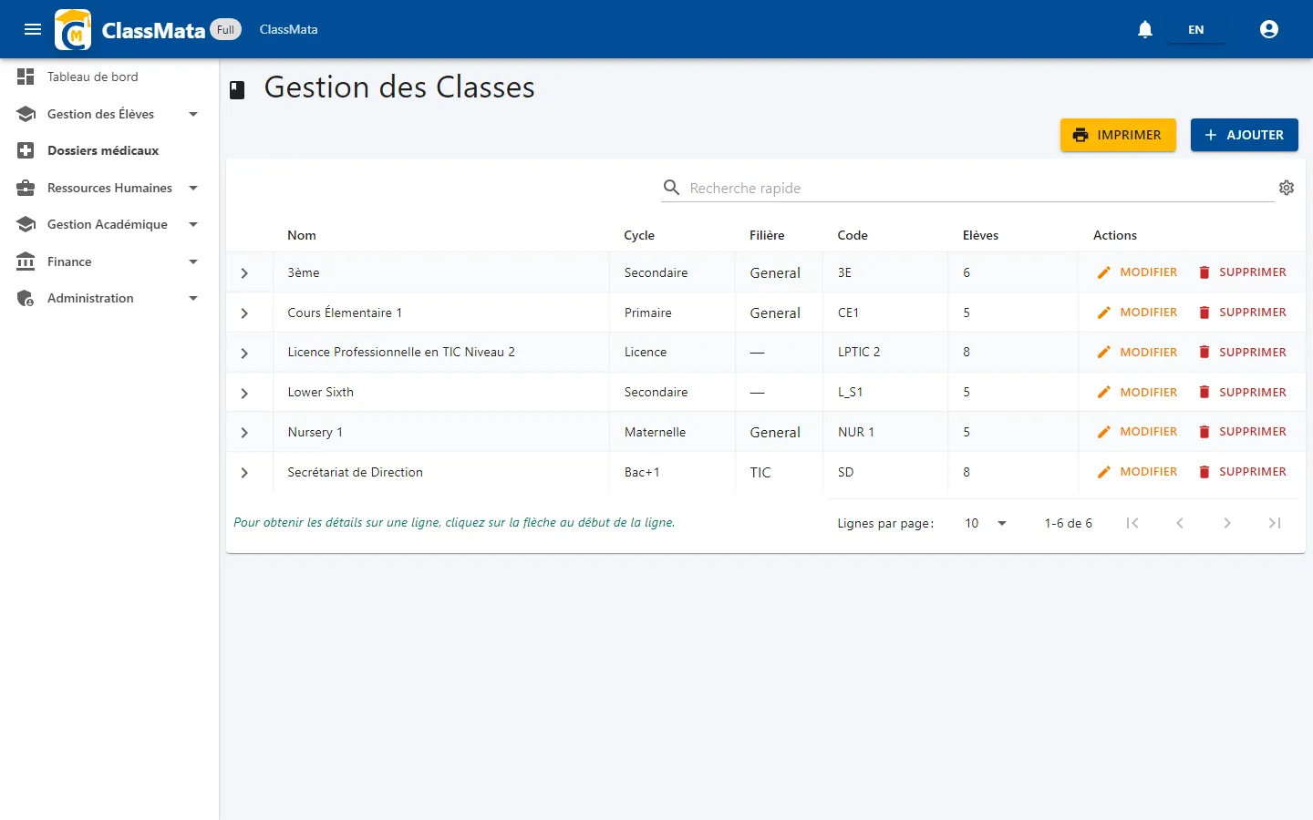 Liste des classes