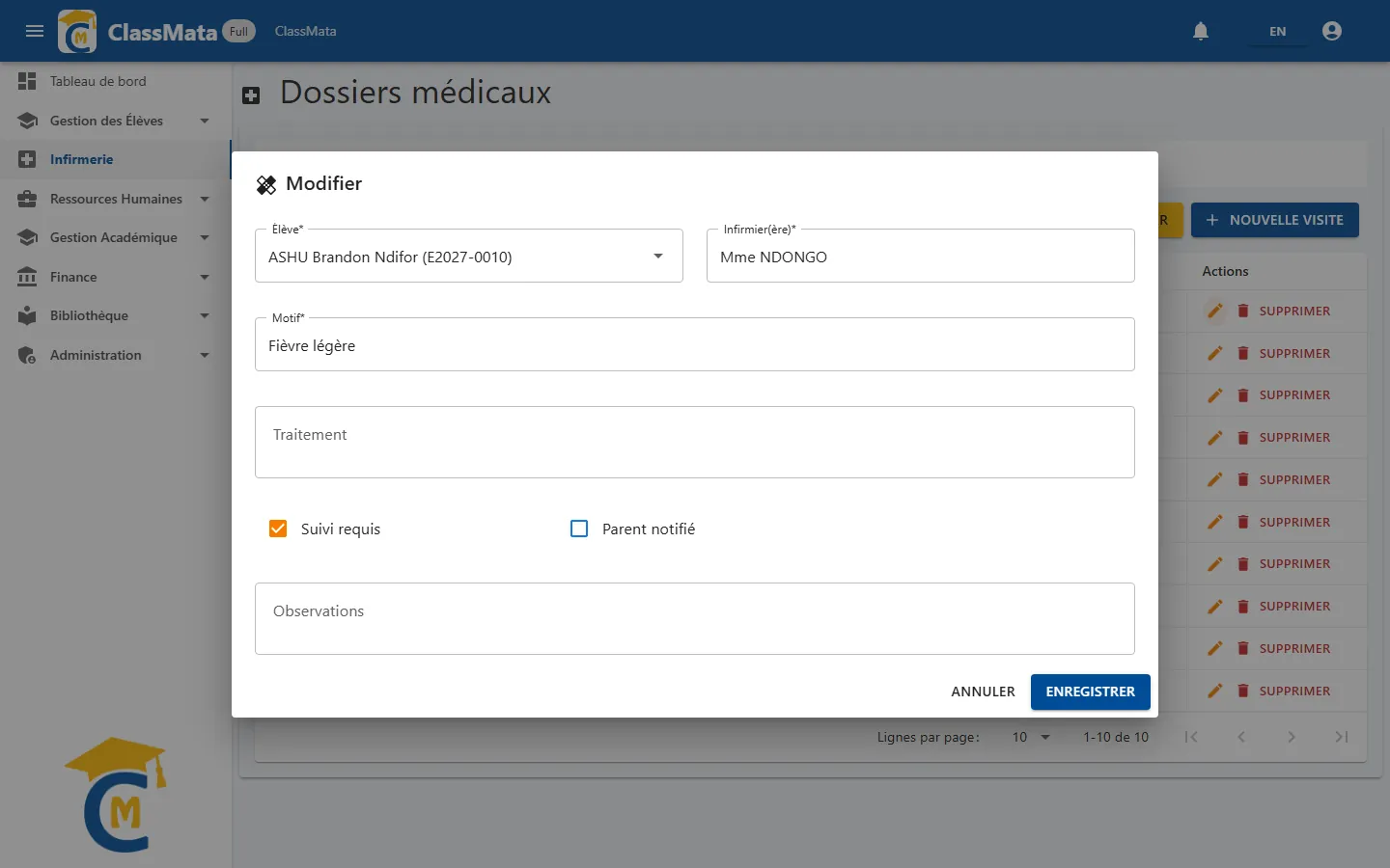 Modification d'une visite existante