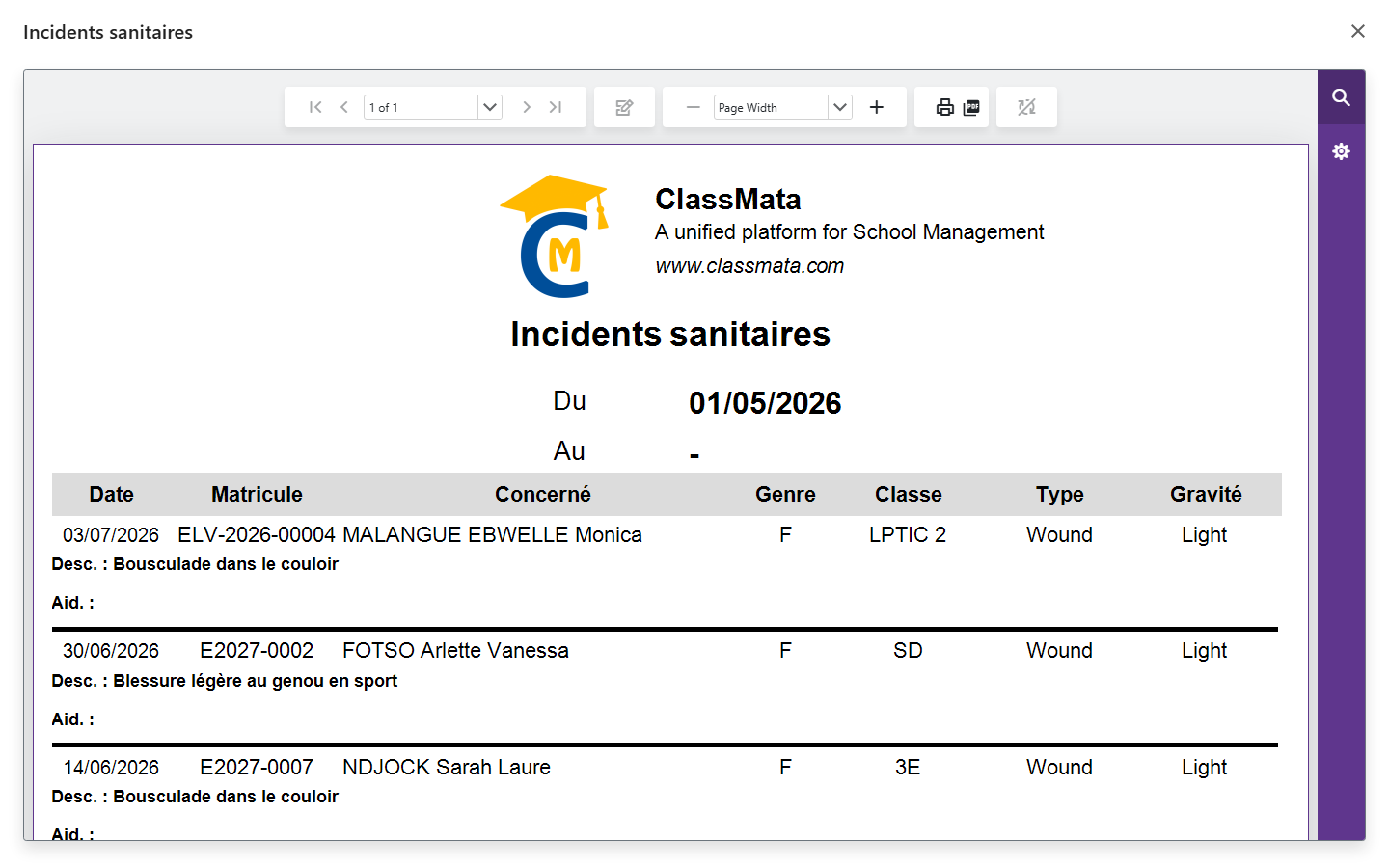 Health incidents report