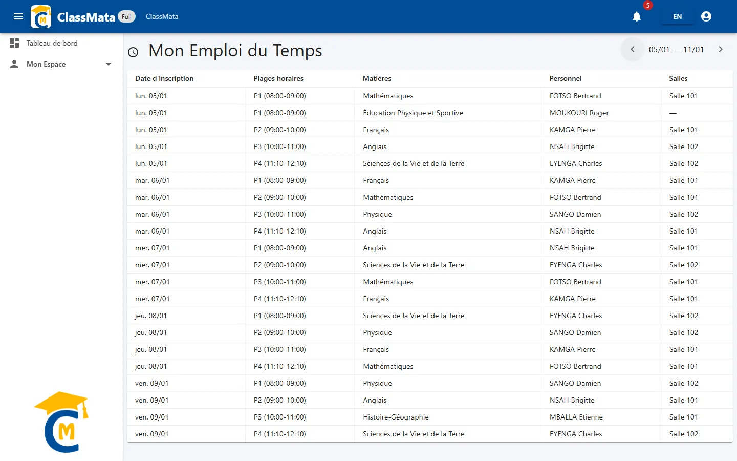 Mon emploi du temps : semaine du 05/01