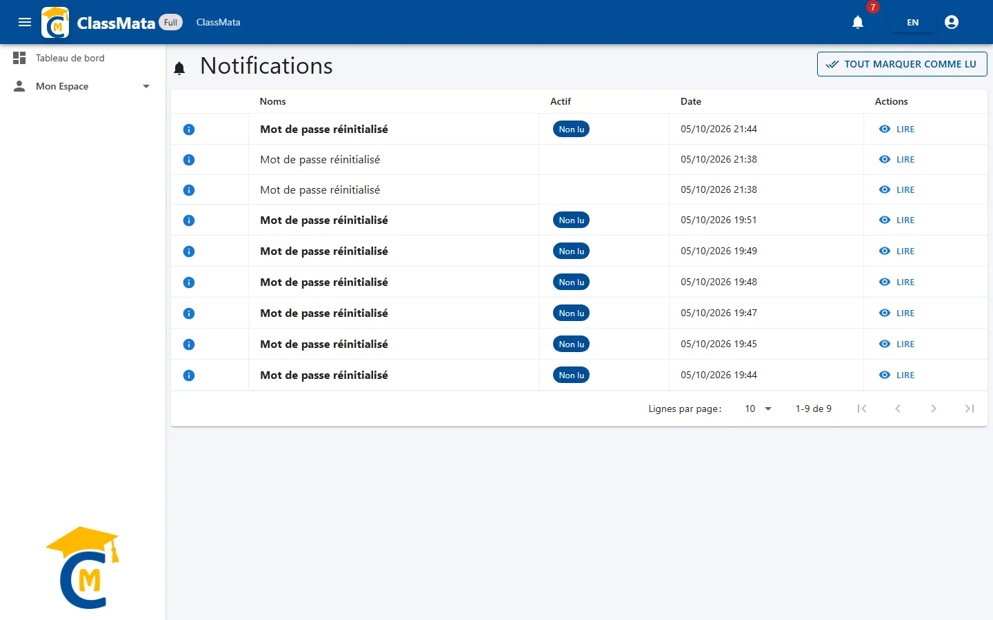Liste des notifications