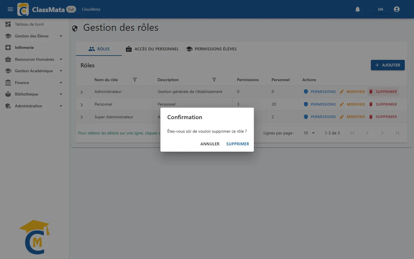 Confirmation de suppression d'un rôle