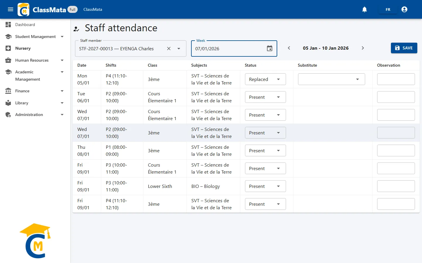 A teacher's attendance grid for one week