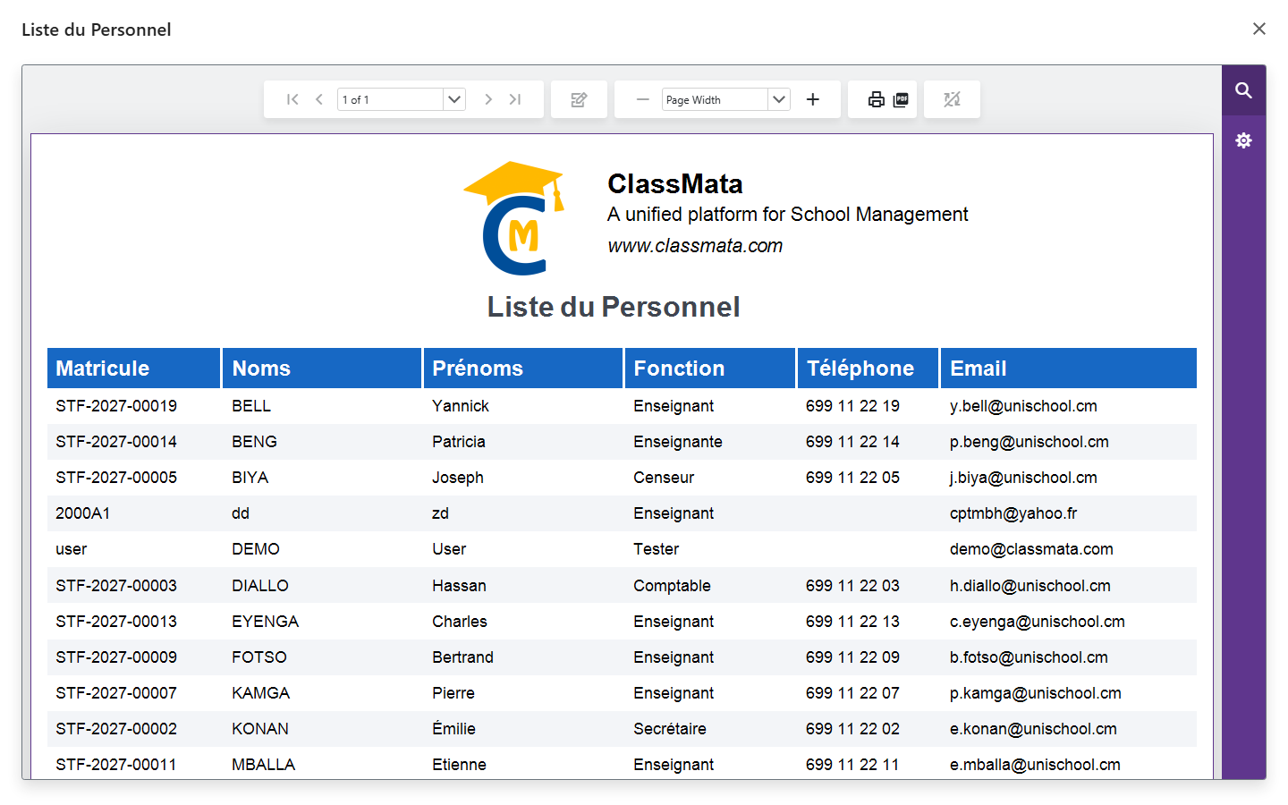 Staff list report