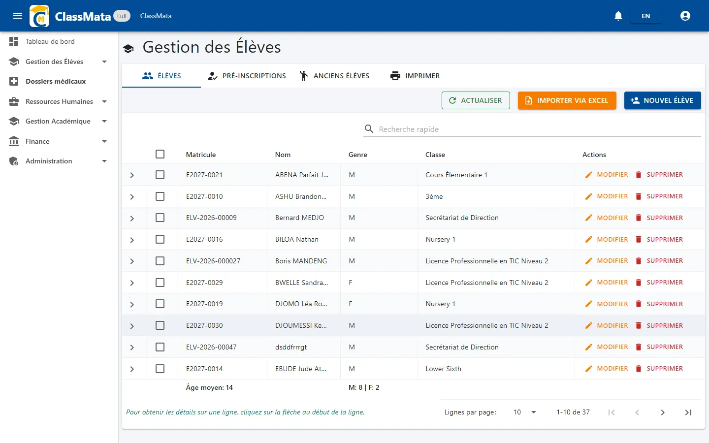 Liste des élèves