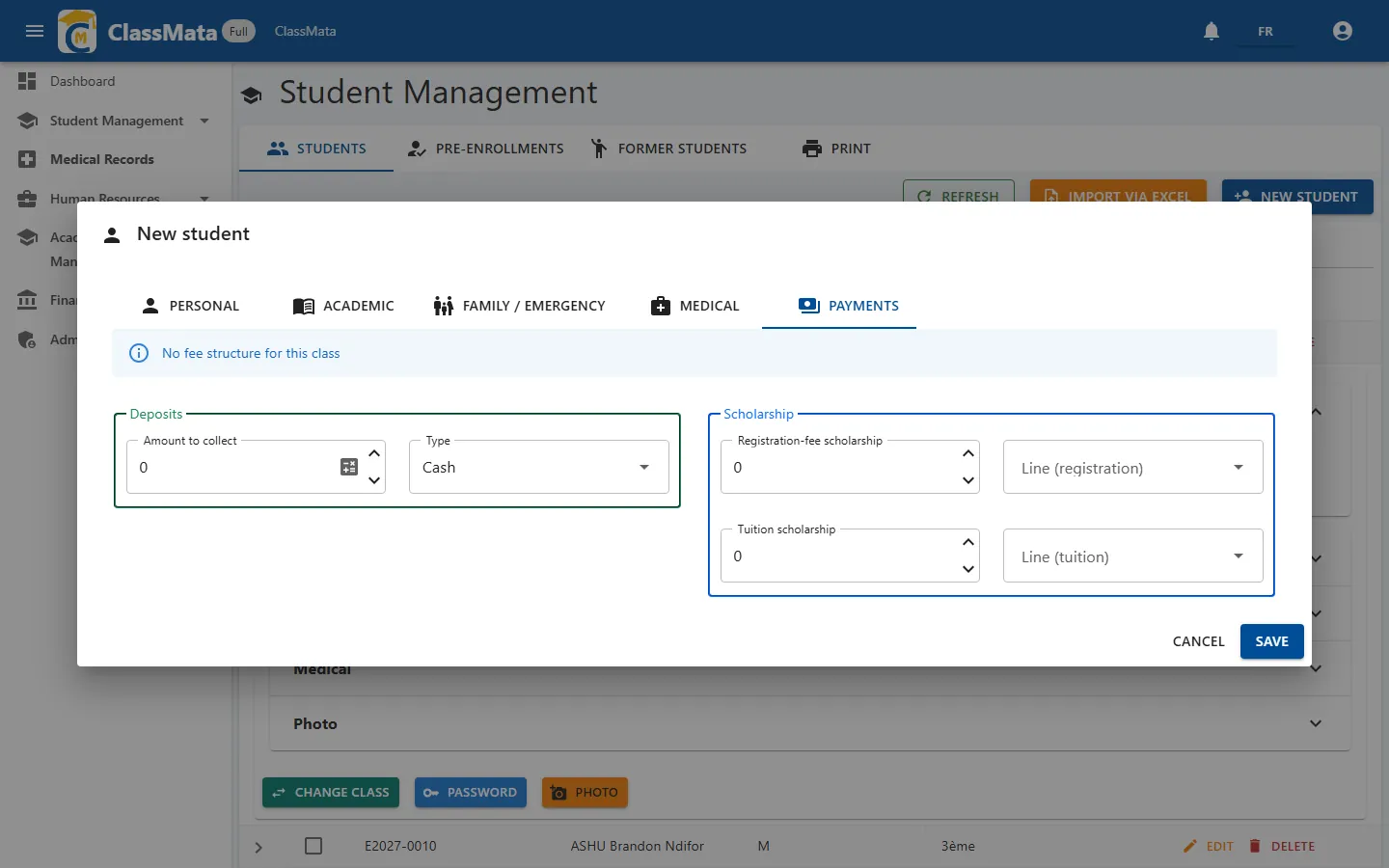 New student — Payments tab