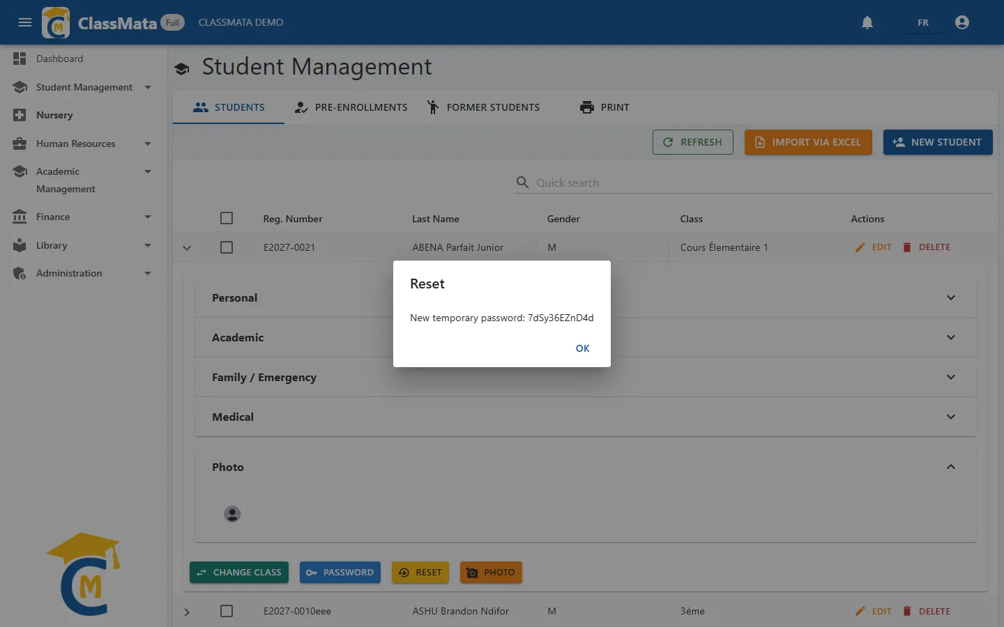 Generated temporary password