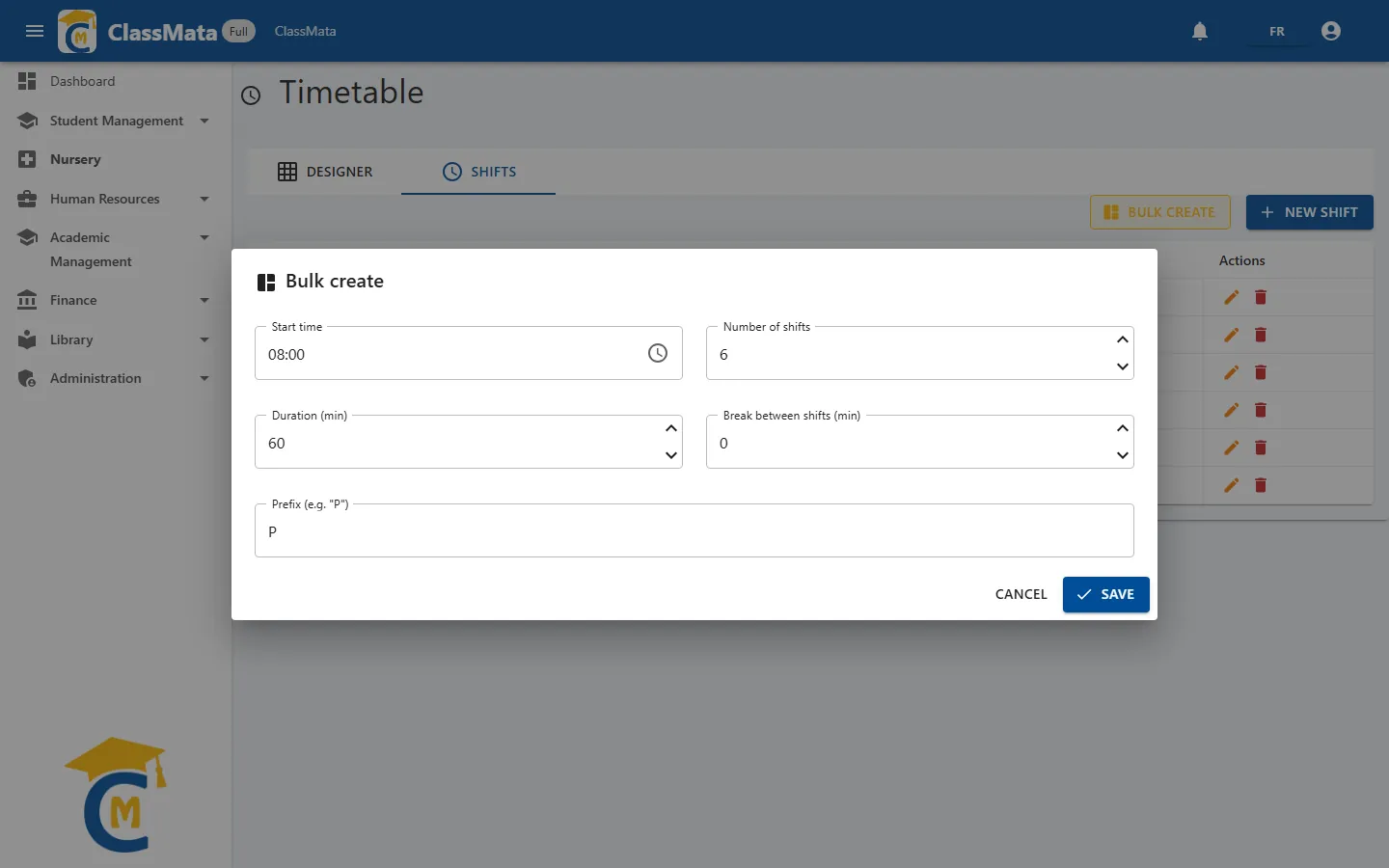 Bulk creation of shifts