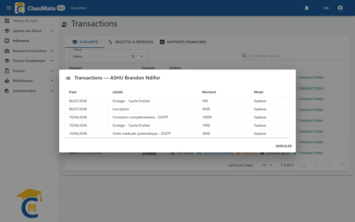 Transactions d'un élève
