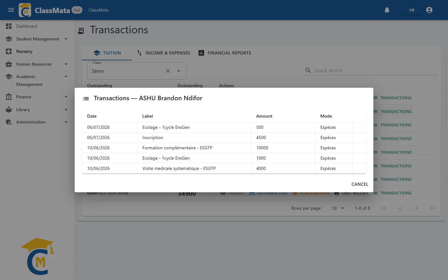 A student's transactions