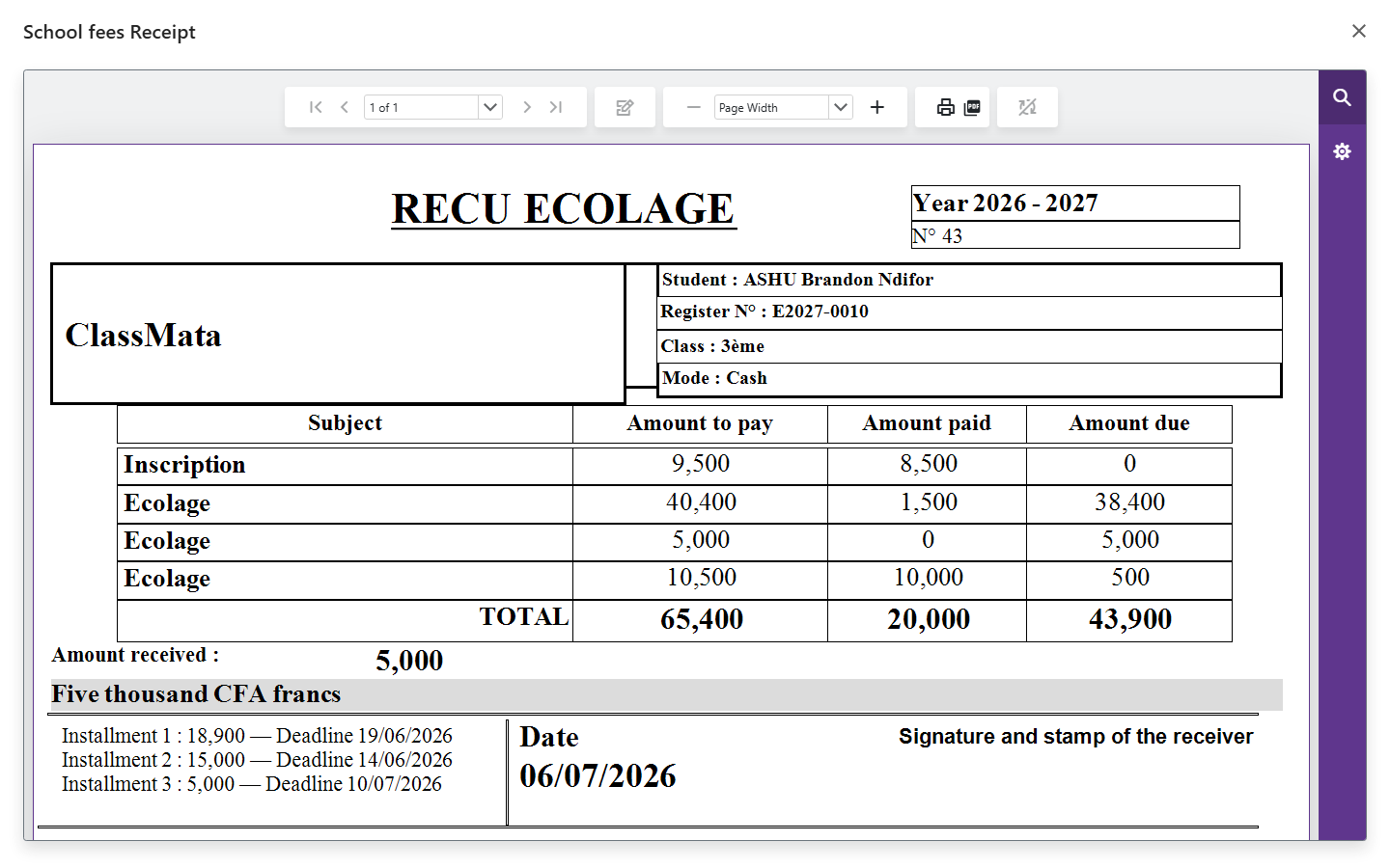 A student's last receipt