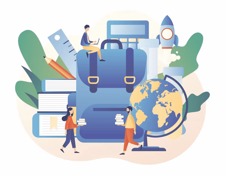Illustration : sac à dos, livres, globe et élèves symbolisant la gestion d'un établissement scolaire
